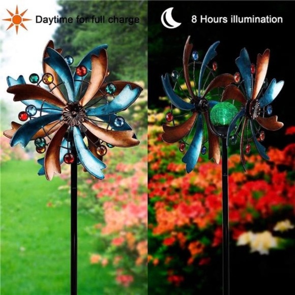 Solar Wind Spinner,56.3Inch Outdoor Metal Stake Yard Spinners,Garden WindCatcher - Picture 4 of 7